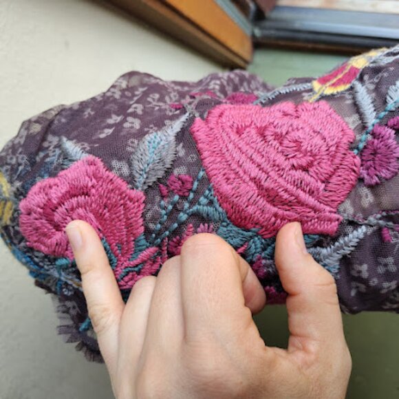 BIYA JOHNNY WAS | Sheer Mesh Floral Embroidered Balloon Sleeve Brown Dress S - Picture 15 of 16